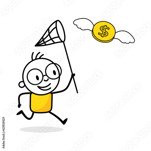 Man try to catch flying dollar coin. Chasing high performance active mutual fund, catch or grab hot ETFs concept. Vector stock illustration