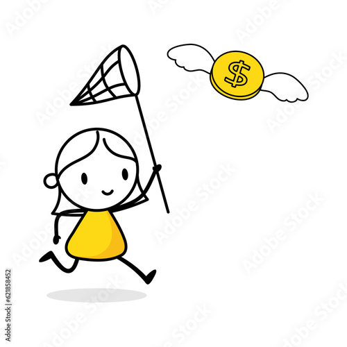 Woman try to catch flying dollar coin. Chasing high performance active mutual fund, catch or grab hot ETFs concept. Vector stock illustration