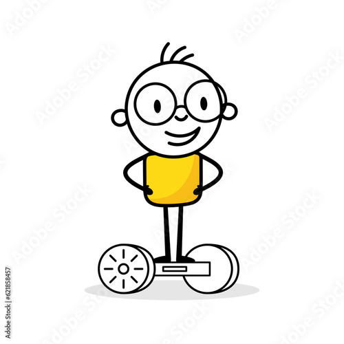 Man character on hoverboard isolated on white background. Hand drawn doodle line art man. Vector stock illustration