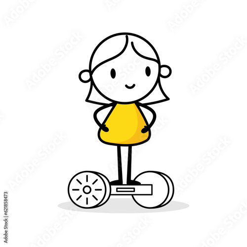 Woman character on hoverboard isolated on white background. Hand drawn doodle line art man. Vector stock illustration