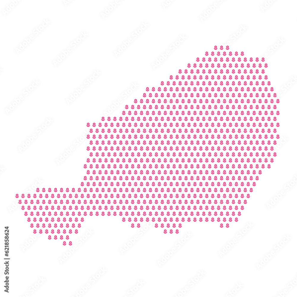 Map of the country of Niger with pink flower icons on a white background