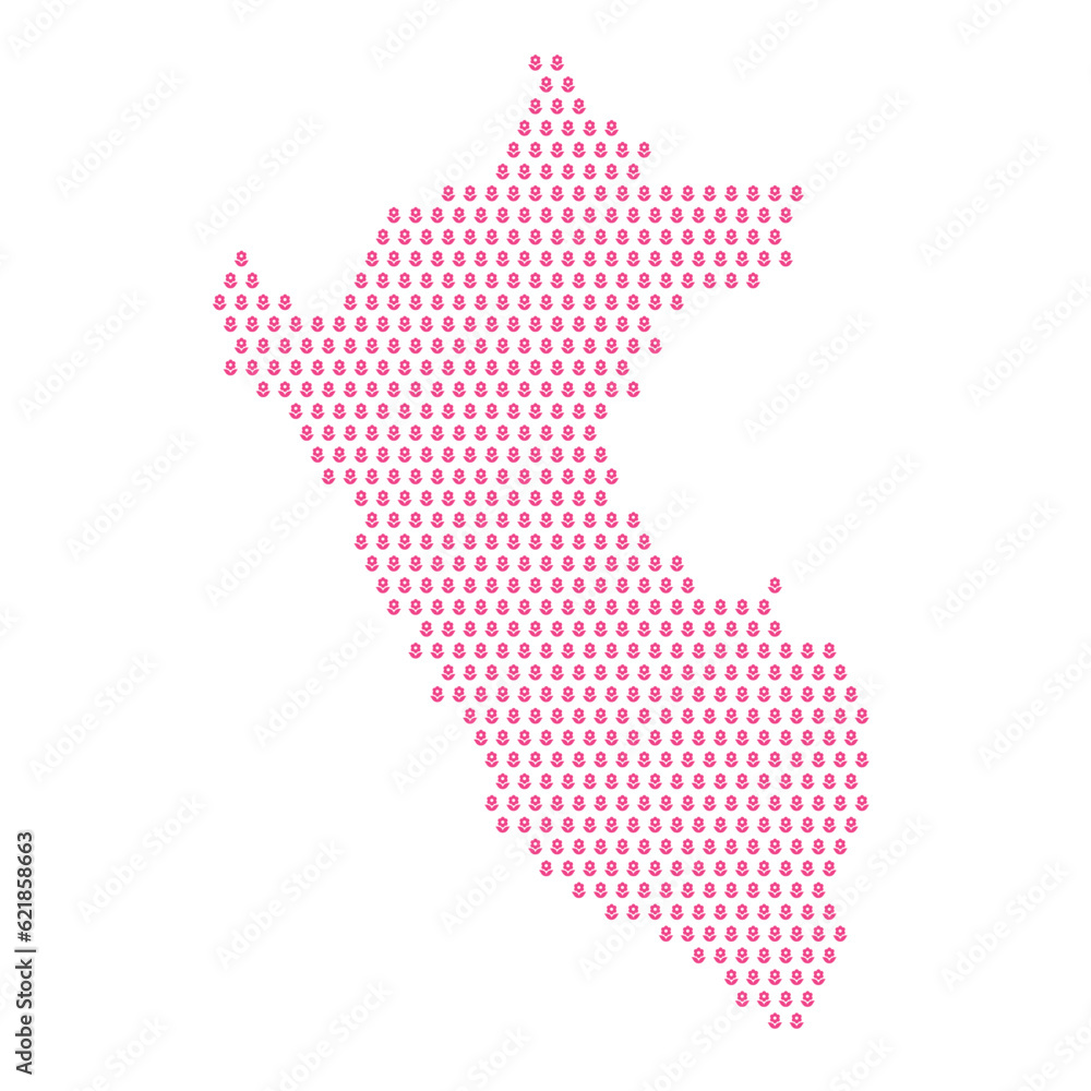 Map of the country of Peru with pink flower icons on a white background