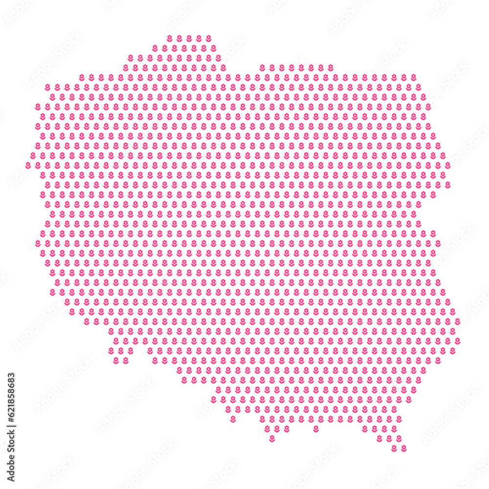 Map of the country of Poland with pink flower icons on a white background