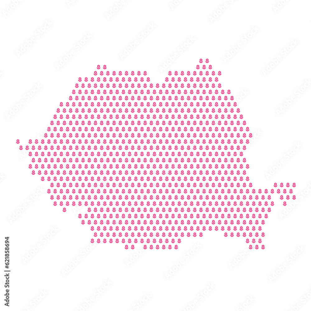 Map of the country of Romania with pink flower icons on a white background