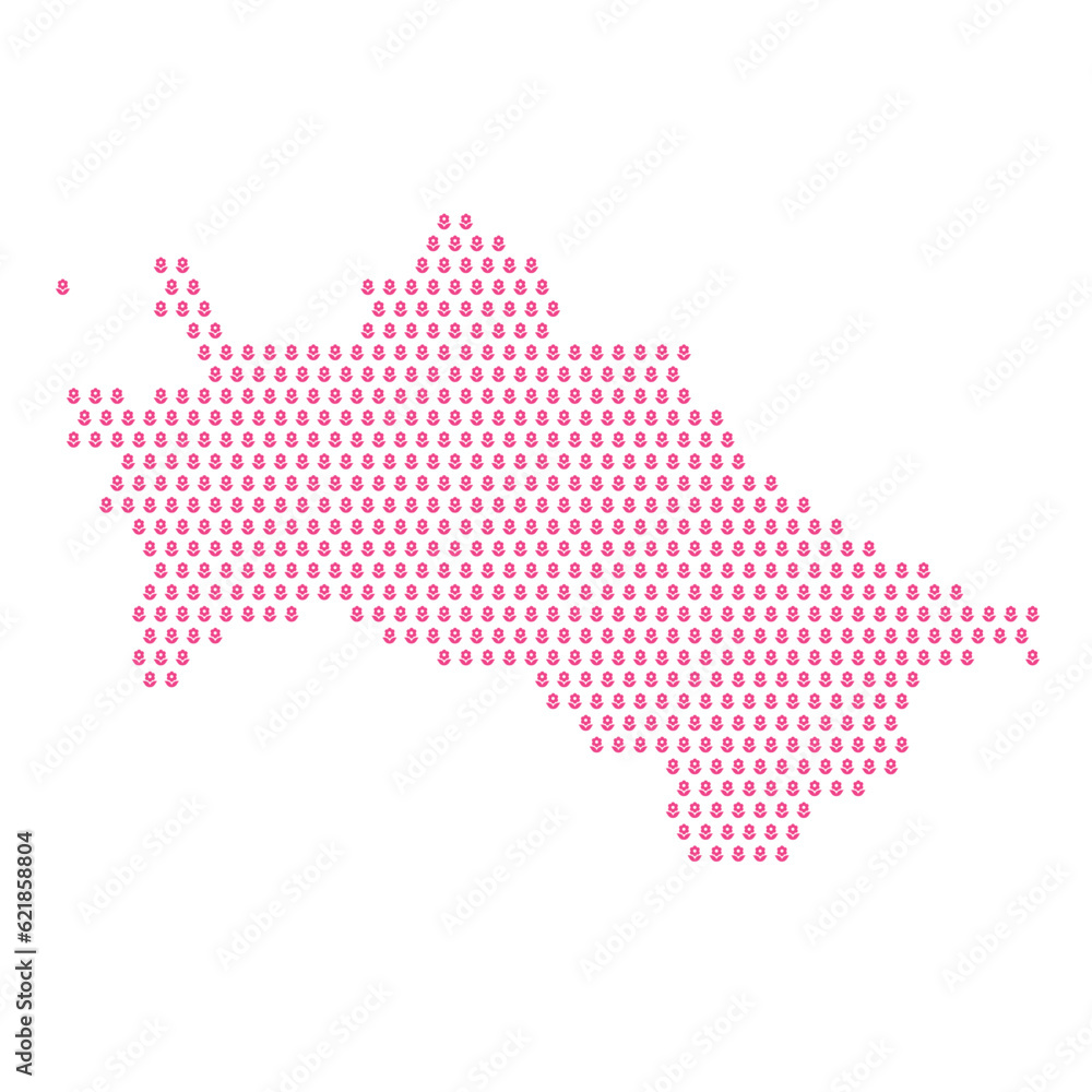 Map of the country of Turkmenistan with pink flower icons on a white background Map of the country of Turkmenistan with pink flower icons on a white background