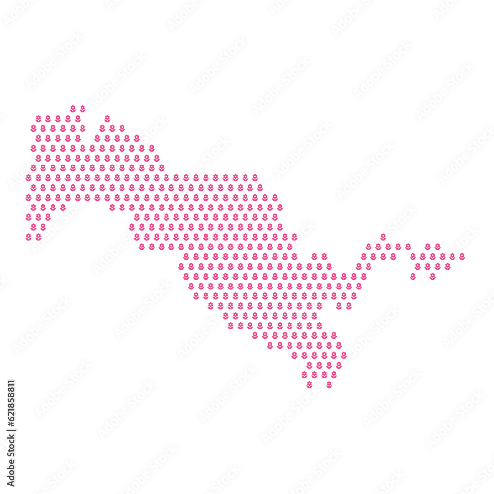 Map of the country of Uzbekistan with pink flower icons on a white background