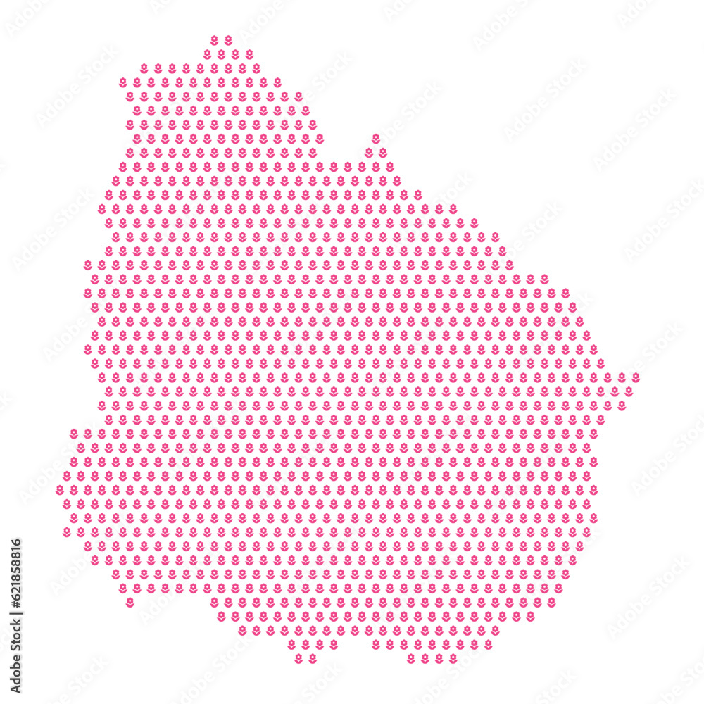 Map of the country of Uruguay with pink flower icons on a white background