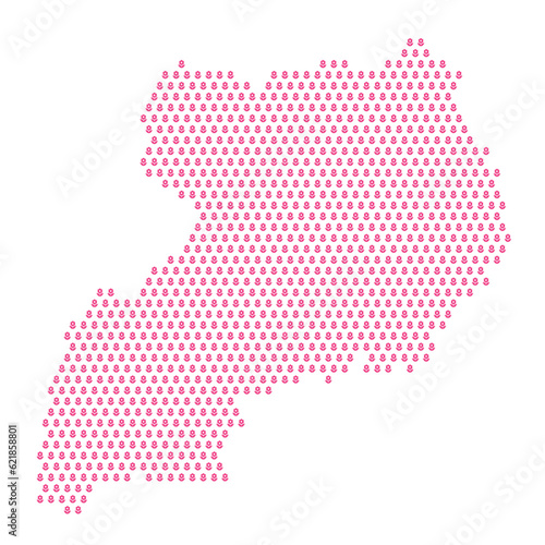 Map of the country of Uganda with pink flower icons on a white background