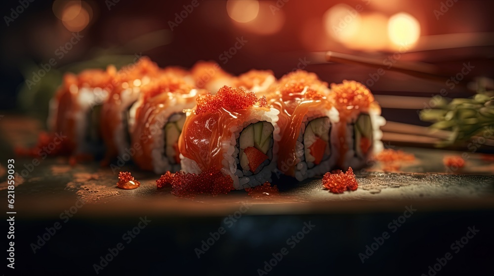  a sushi roll with cucumber and sauce on it.  generative ai