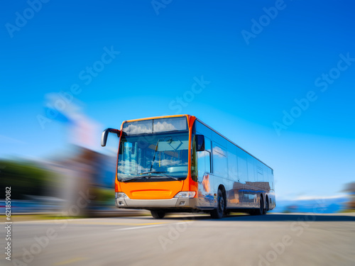 Picture of a bus in motion. City transport. Transportation for transporting people. Blurred background. Photo for background and wallpaper.