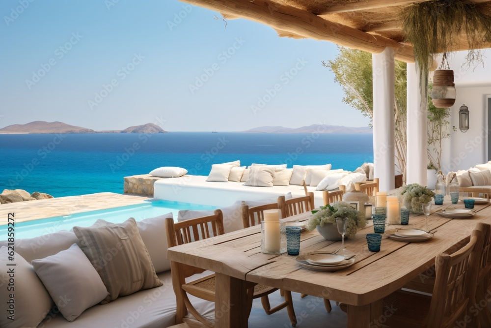 mediterranean outdoor dining area with pool and sea view in the background, generative ai