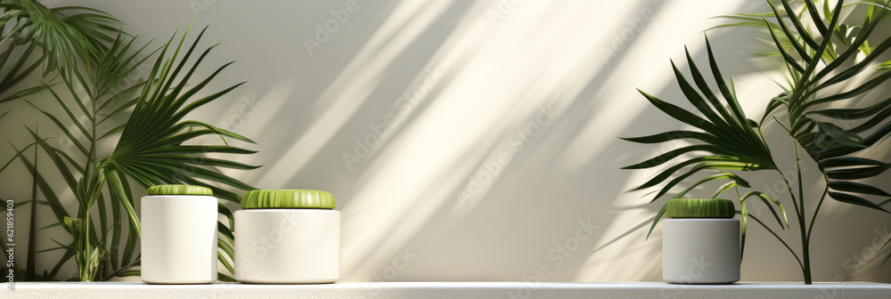 Modern Elegance: Three Glossy White Round Cylinder Podiums in Tropical Setting for luxury organic beauty, cosmetic, skin care product display background 3D Modern Elegance: Three Glossy White Round Cylinder Podiums in Tropical Setting for luxury organic beauty, cosmetic, skin care product display background 3D