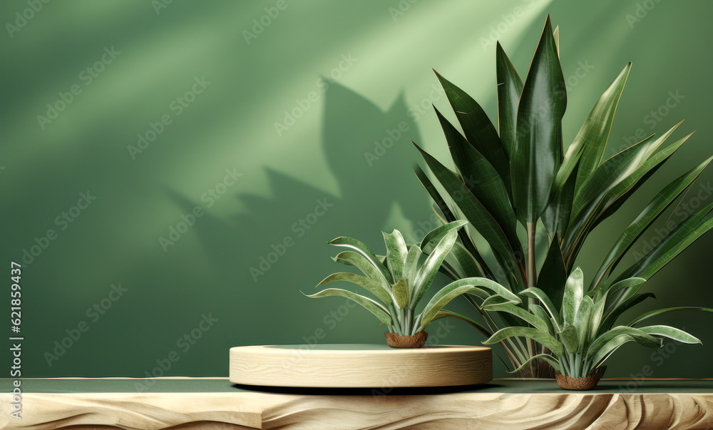 Natural Beauty Showcase: Sunlit Wooden Podium with Leaf Shadows, beauty treatment product background 3D Natural Beauty Showcase: Sunlit Wooden Podium with Leaf Shadows, beauty treatment product background 3D