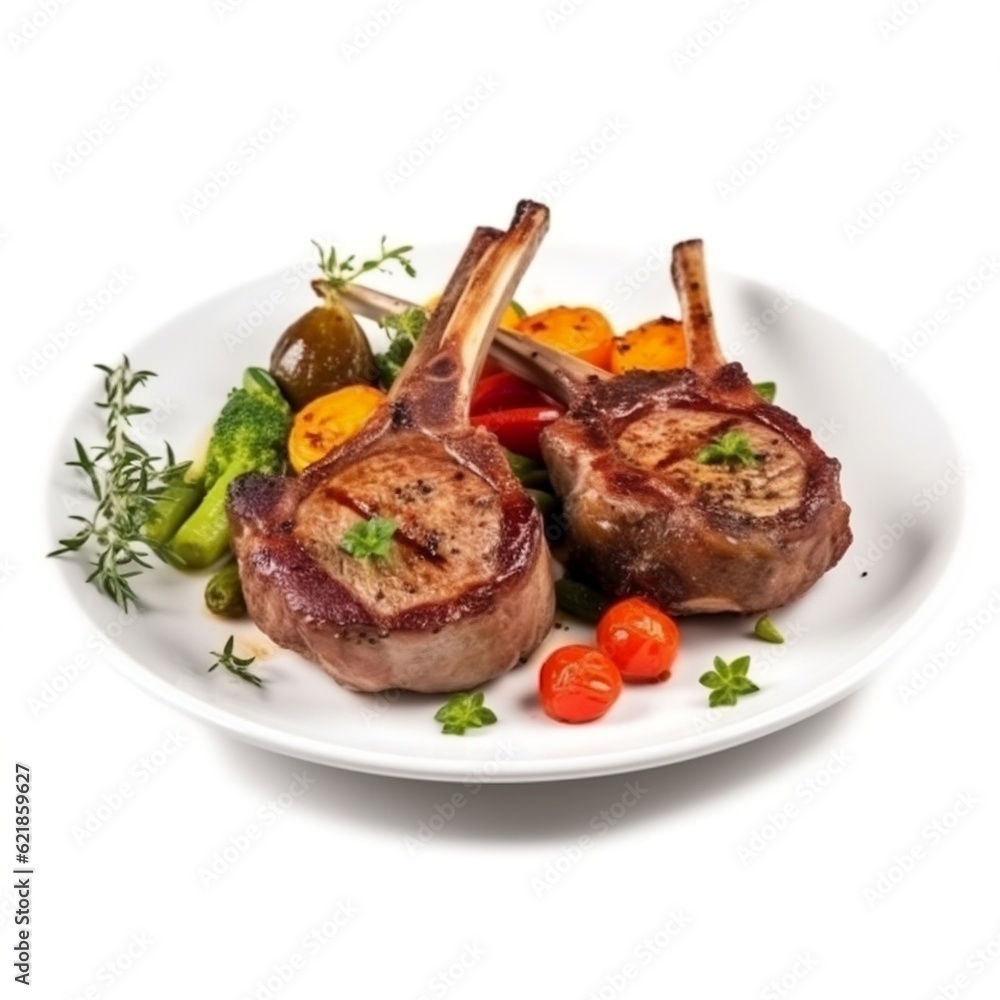 Lamb chops with vegetables on isolated background generative ai