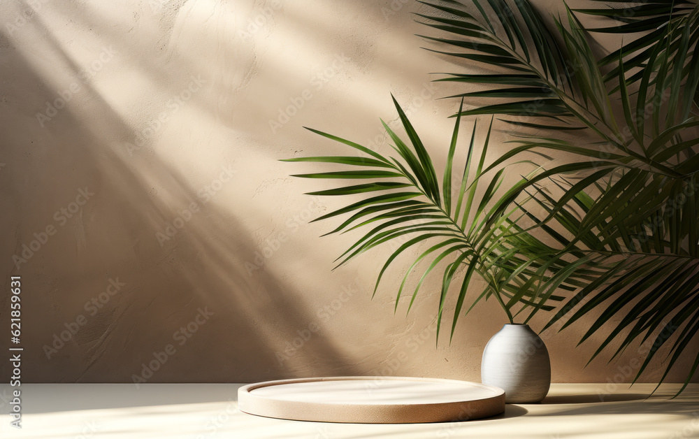 Urban Oasis: Modern Empty Brown Concrete Counter Table with Palm Tree Product Display Urban Oasis: Modern Empty Brown Concrete Counter Table with Palm Tree Product Display