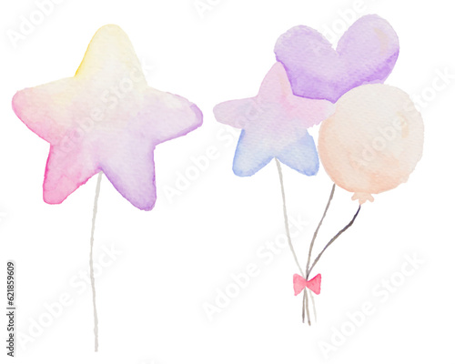 Watercolor hand draw illustration set with four pastel ballons circle, heart and star; can be used for baby shower cards or invirations; with white isolated background