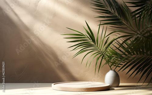 Urban Oasis  Modern Empty Brown Concrete Counter Table with Palm Tree Product Display