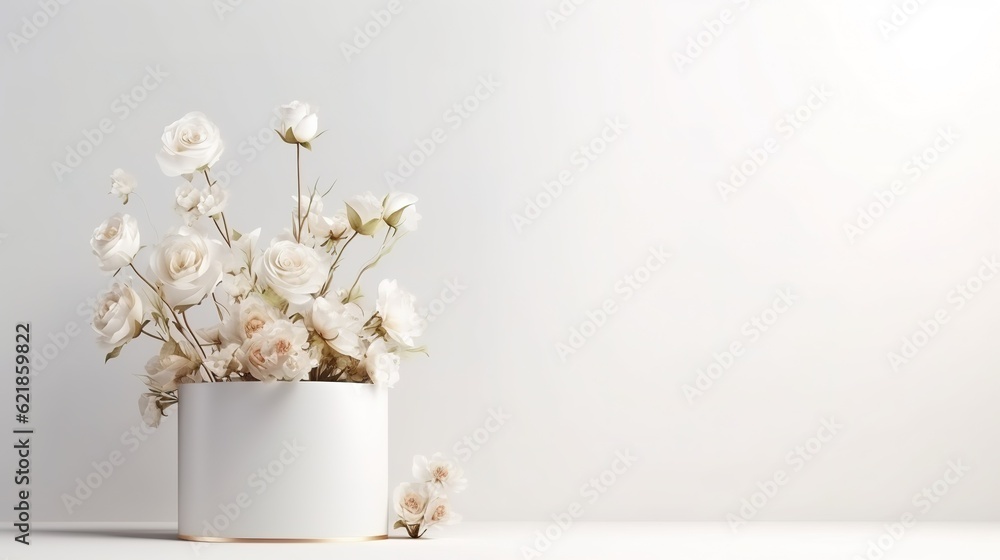 bouquet of white flowers in vase, with copy space, product presentation concept
