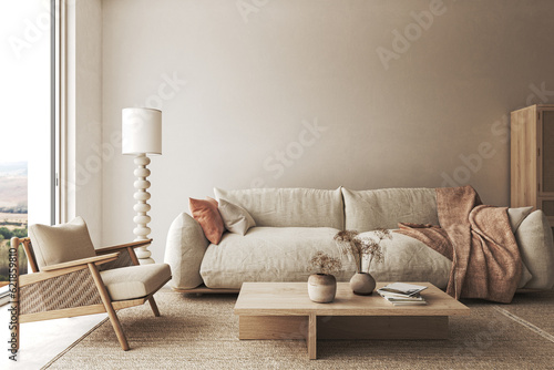 Home interior design in japanese style with large window, armchair and coffee table. Wall mockup in livingroom background. 3d rendering. High quality 3d illustration