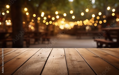 Empty wooden table and bokeh lights blurred cafe background  product presentation concept