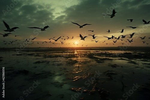 A flock of birds flying over a body of water. AI © Umar