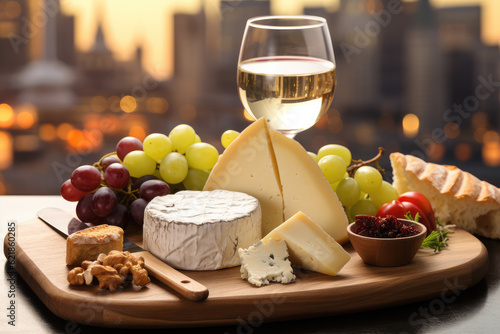 Käseplatte serviert mit Weißwein