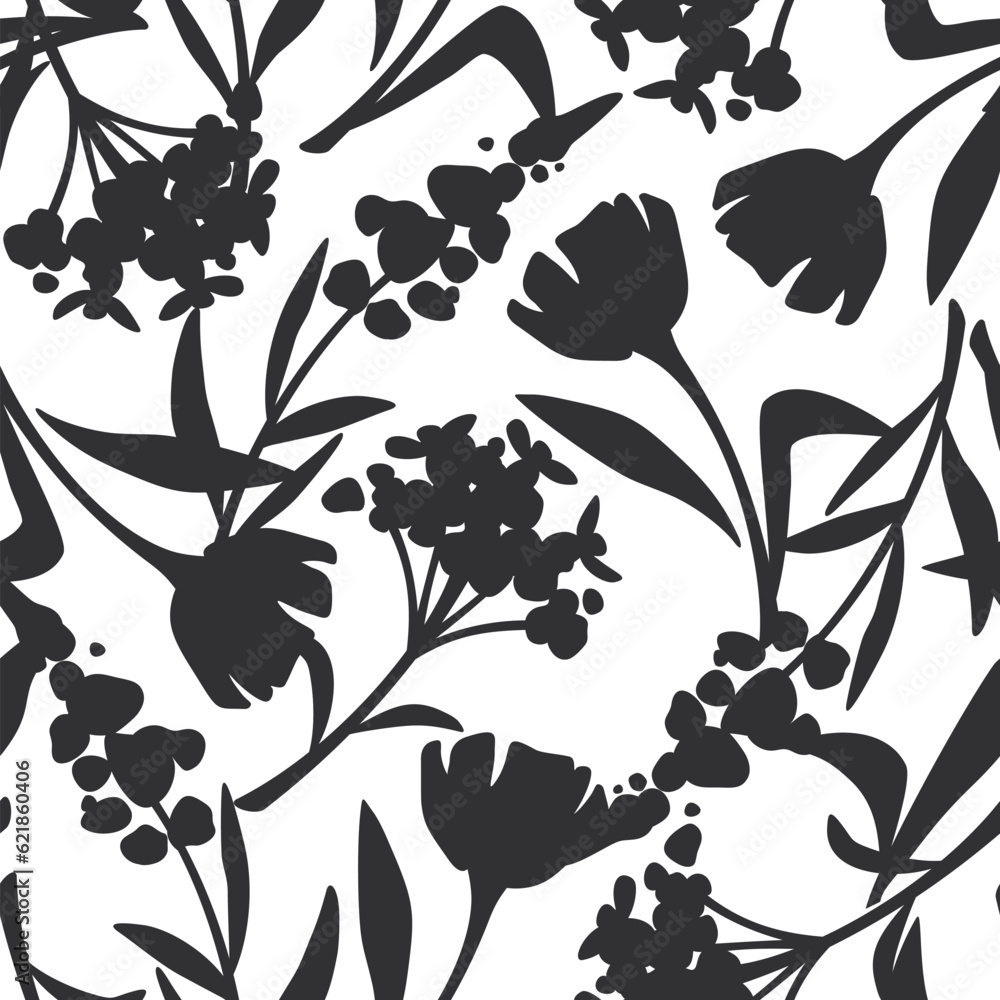 Seamless floral pattern with flowers. Vector black and white floral ...