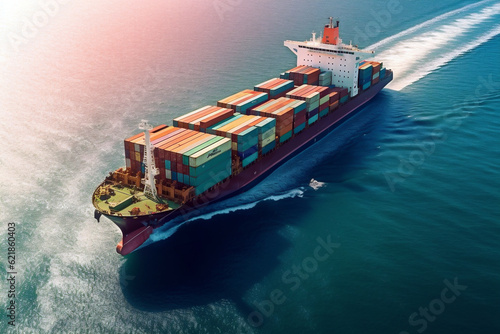 Aerial view of container ship. Transportation concept background. Generative AI