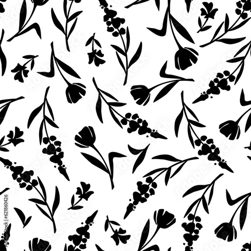 Seamless floral pattern with flowers. Vector black and white floral print