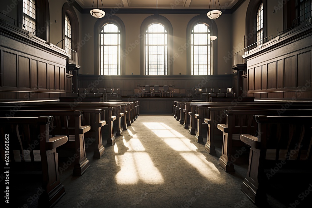 Empty courtroom with benches and tables illuminated by sunlight from windows. Generative AI