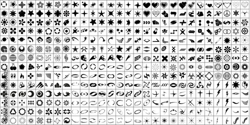 Retro futuristic elements for design. Big collection of abstract graphic geometric symbols and objects in y2k style. Templates for notes, posters, banners, stickers, business cards, logo.