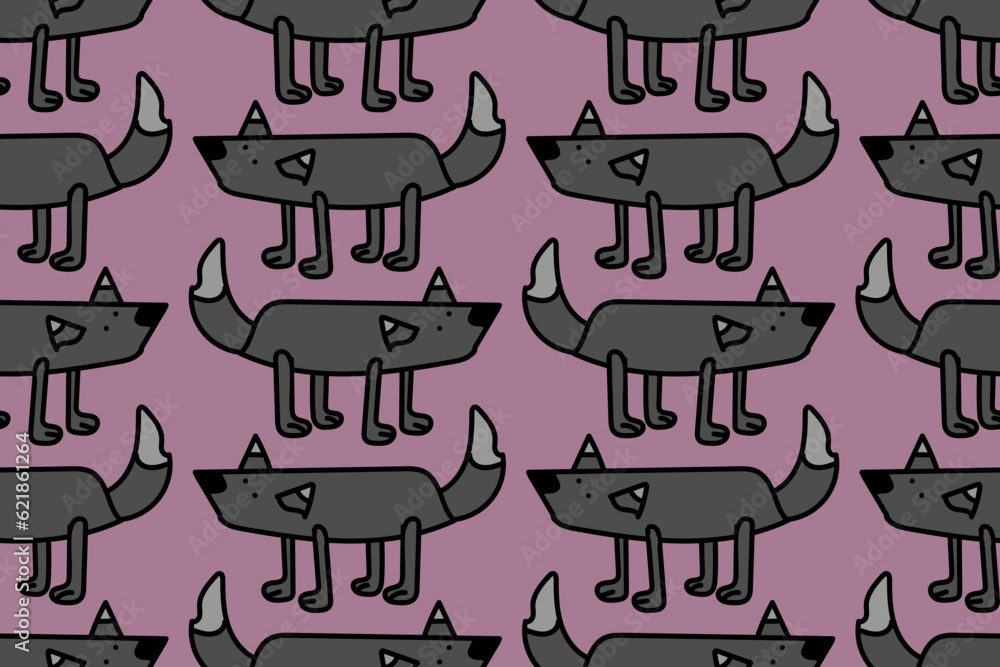 Obraz premium Wolf, wolves, dog, dogs. Funny forest animals. Cute and nice cartoon friends. Trendy, stylish, fashionable, seamless vector pattern for design and decoration.