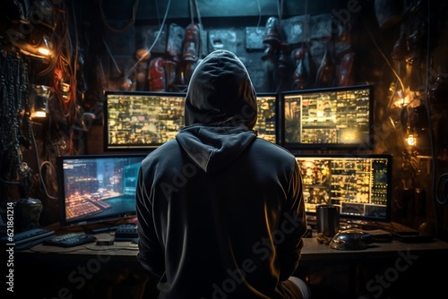 A hacker in front of multiple computer monitors. AI