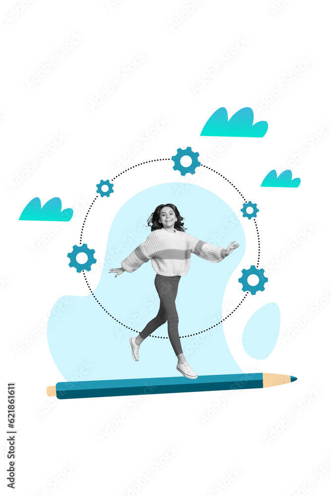 Collage 3d image picture poster of cheerful happy gilr going school store center big pencil isolated on painted white color background Collage 3d image picture poster of cheerful happy gilr going school store center big pencil isolated on painted white color background