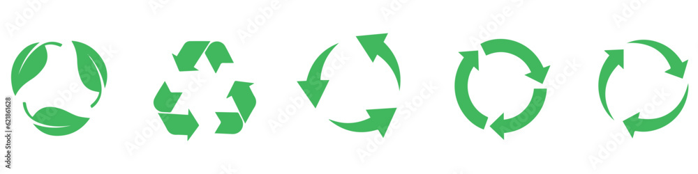 Recycle vector icon set. Arrows, heart and leaf recycle eco green symbol. Rounded angles. Recycled signs illustration isolated on white background. Recycle vector icon set. Arrows, heart and leaf recycle eco green symbol. Rounded angles. Recycled signs illustration isolated on white background.