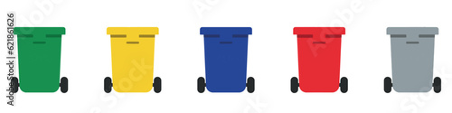 Garbage bins set. Colorful trash cans with recycling icon. Waste sorting containers. Vector illustration.