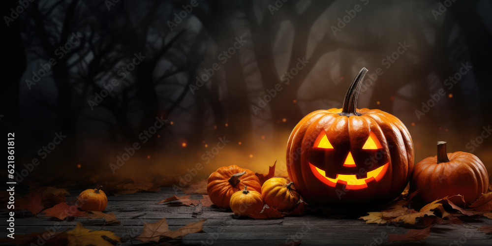 Fototapeta premium Spooky Halloween banner with a dark background and a Jack-o'-lantern, perfect for copy space. Generative AI.