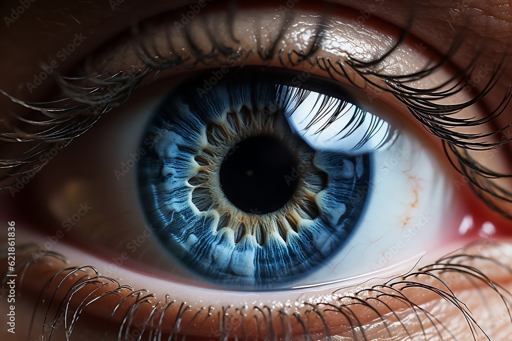 A close up of a person's blue eye. AI