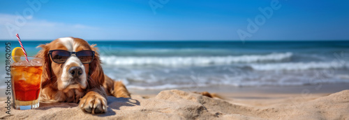 A dog with sunglasses is enjoying the beach. Ai generated illustration.