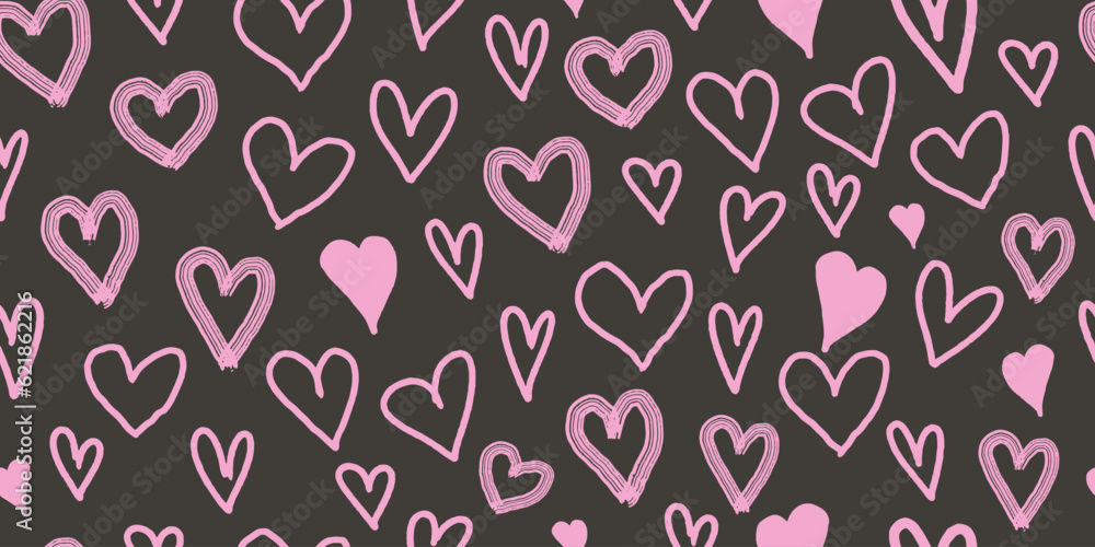Love, hearts seamless pattern. Cute doodle heart repeating print. Romatic endless background. Valentine's Day texture design. Cartoon vector illustration