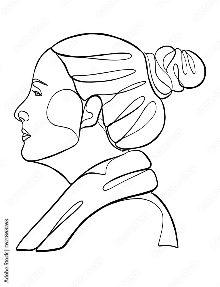 Continuous one line drawing of woman with hair bun. Vector illustration. Continuous one line drawing of woman with hair bun. Vector illustration.