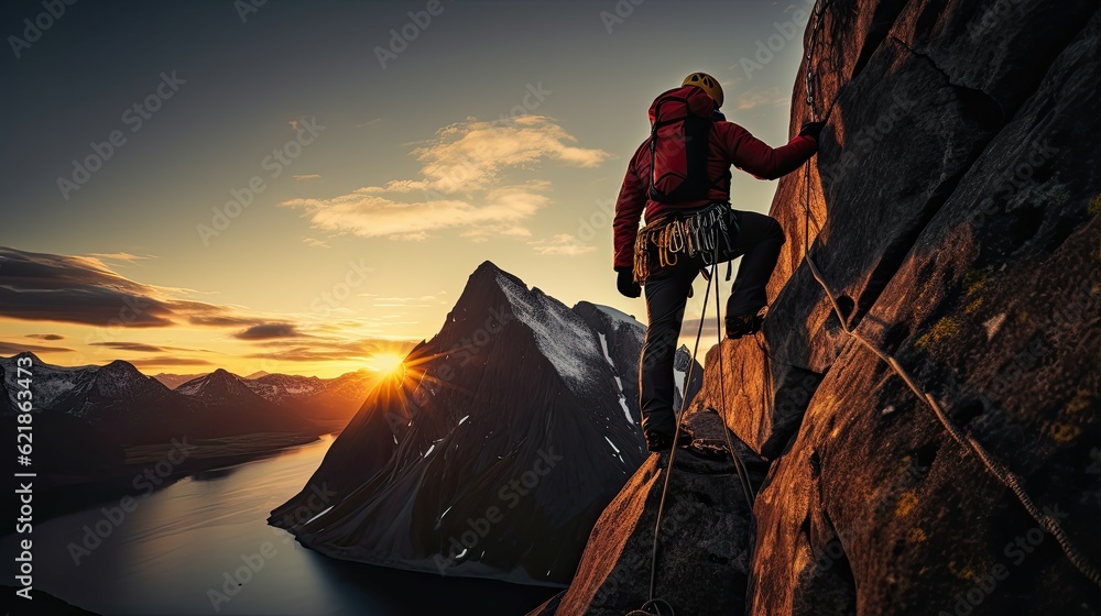 climber climbs the big rock, high mountains lofoten island, hiper northen light, midnight sun - obrazy, fototapety, plakaty 