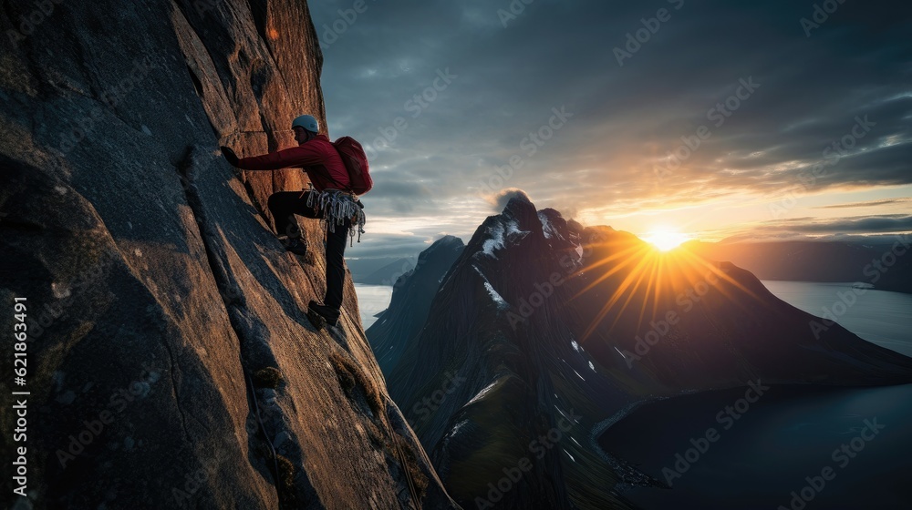 climber climbs the big rock, high mountains lofoten island, hiper northen light, midnight sun - obrazy, fototapety, plakaty 