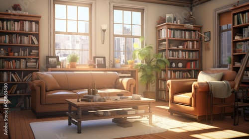 hip but stuffy living room with a leather wing chair in a shady corner