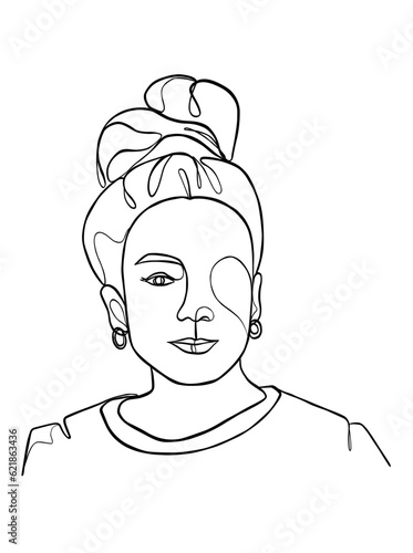 Continuous one line drawing of woman with hair bun. Vector illustration.