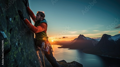 climber climbs the big rock, high mountains lofoten island, hiper northen light, midnight sun photo