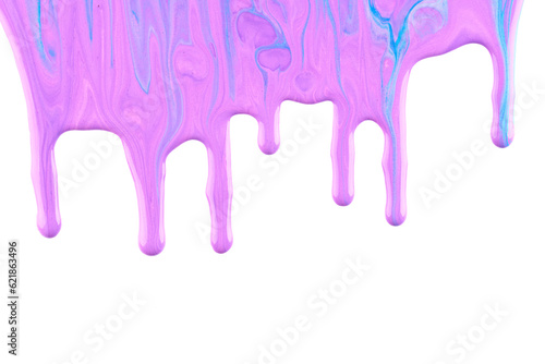 Paint drops flowing down on white paper. Purple blue ink blots abstract background