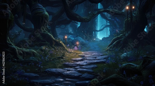 Stone path through bioluminescent fantasy forest