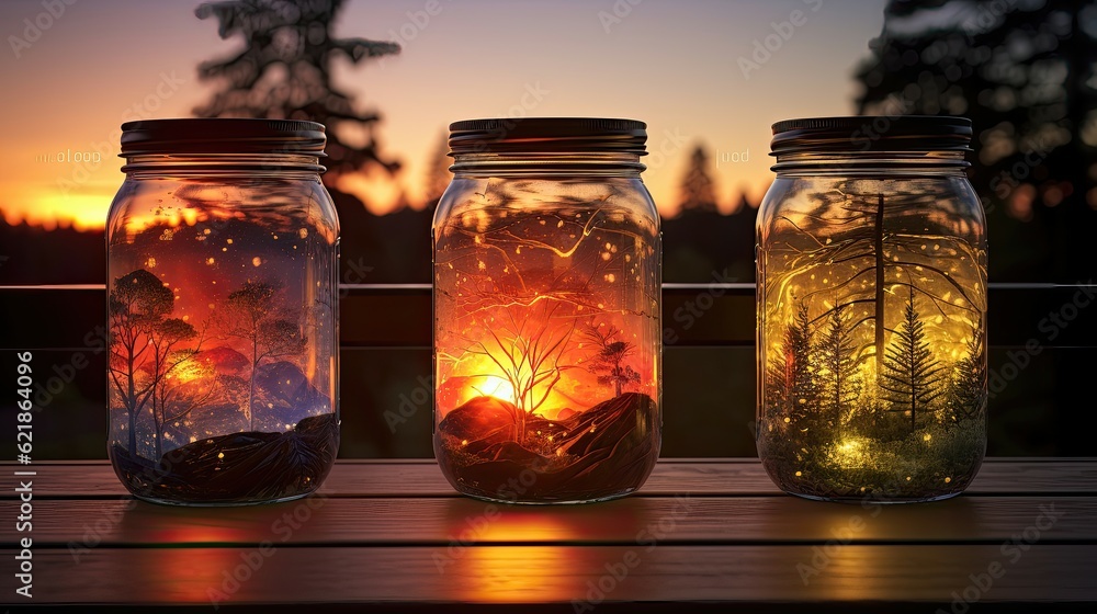 filigree-etched mason jars with galaxies and stars and planets inside of them sitting on a table next to a window with a purple sunset streaming in filigree-etched mason jars with galaxies and stars and planets inside of them sitting on a table next to a window with a purple sunset streaming in