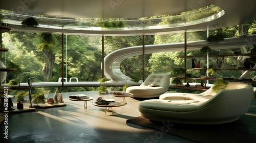 futuristic crazy full bubble glass interior, cantilever botanical patio © medienvirus
